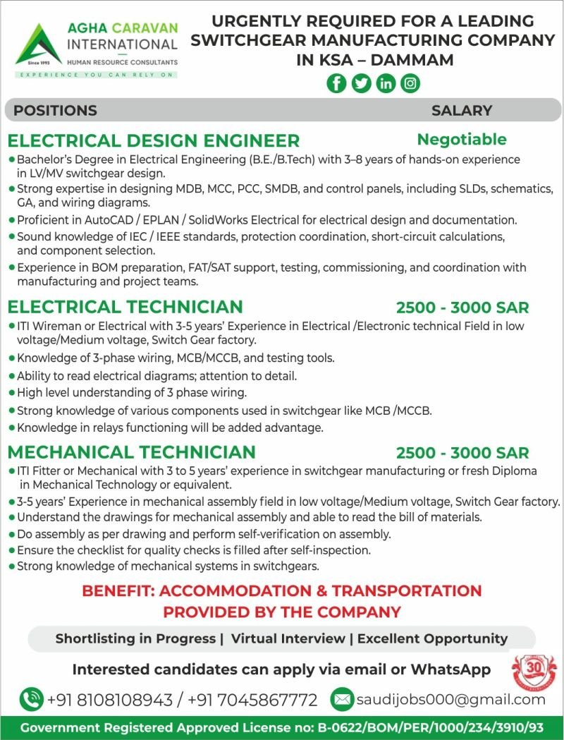Saudi Arabia : Urgent Hiring for Switchgear Manufacturing Company | KSA (Dammam) 