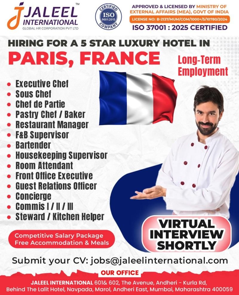 Paris France 5 Star Luxury Hotel Jobs 2026 – Apply Today