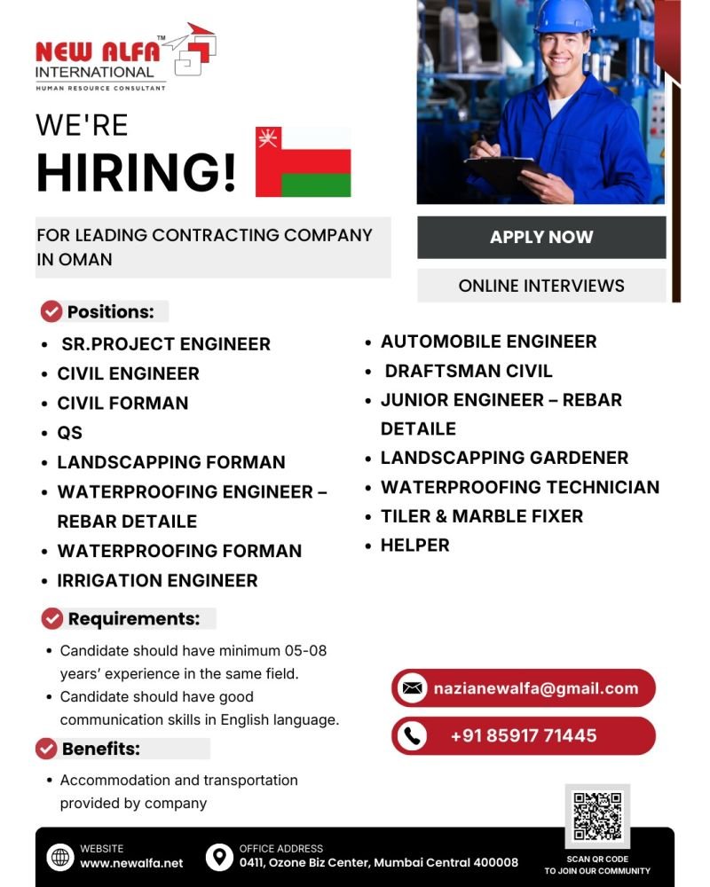 Oman | Hiring For Leading Contracting Company - online interviews