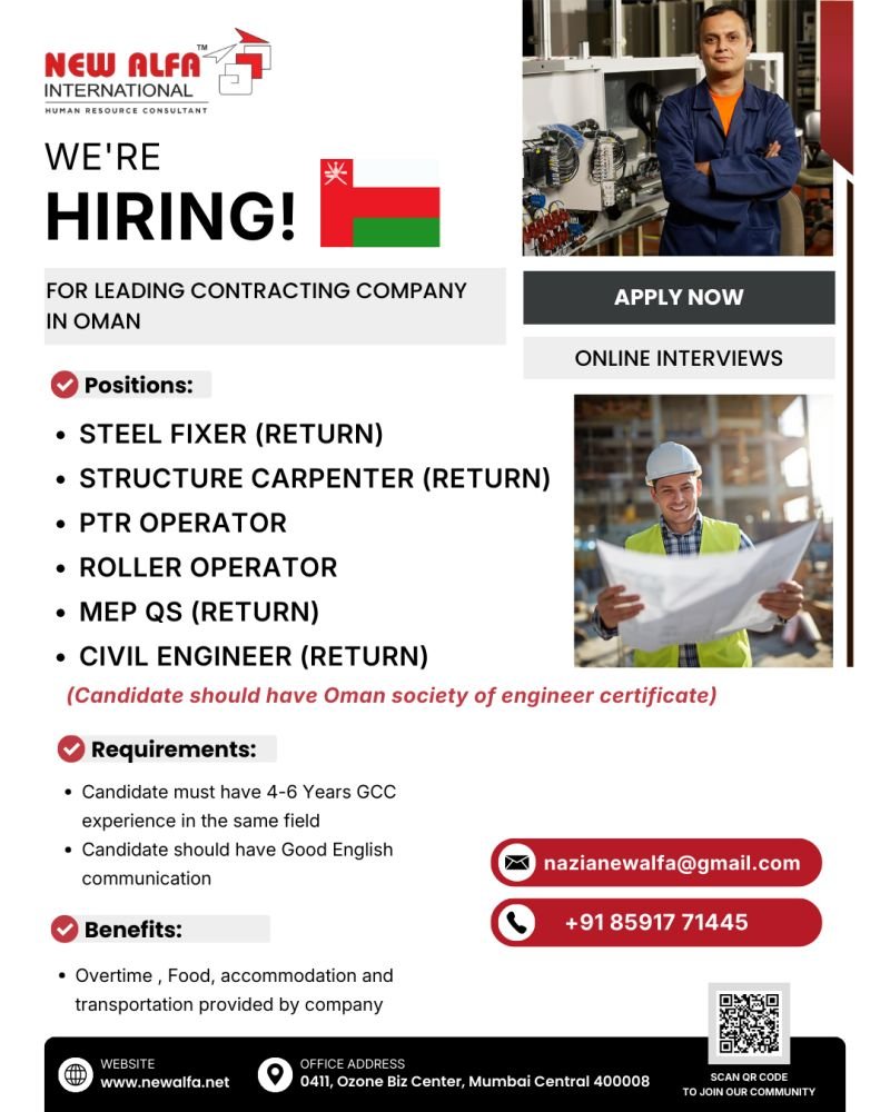 Urgently hiring for a leading contracting company in Oman - Online interviews are in progress