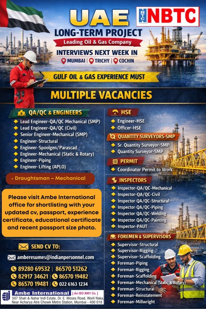 UAE Oil & Gas Jobs 2026 – Urgent Long-Term Project Hiring for Engineers, Inspectors, HSE & Foremen | Apply Today