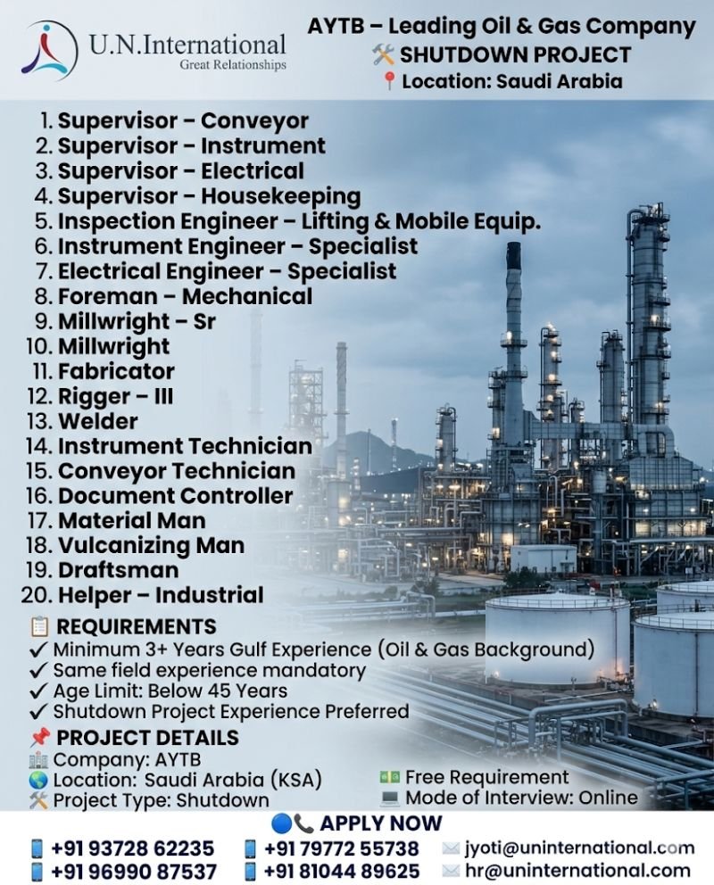 Saudi Arabia Shutdown Jobs 2026 – AYTB Oil & Gas Project Hiring Supervisors, Engineers, Foremen & Technicians 