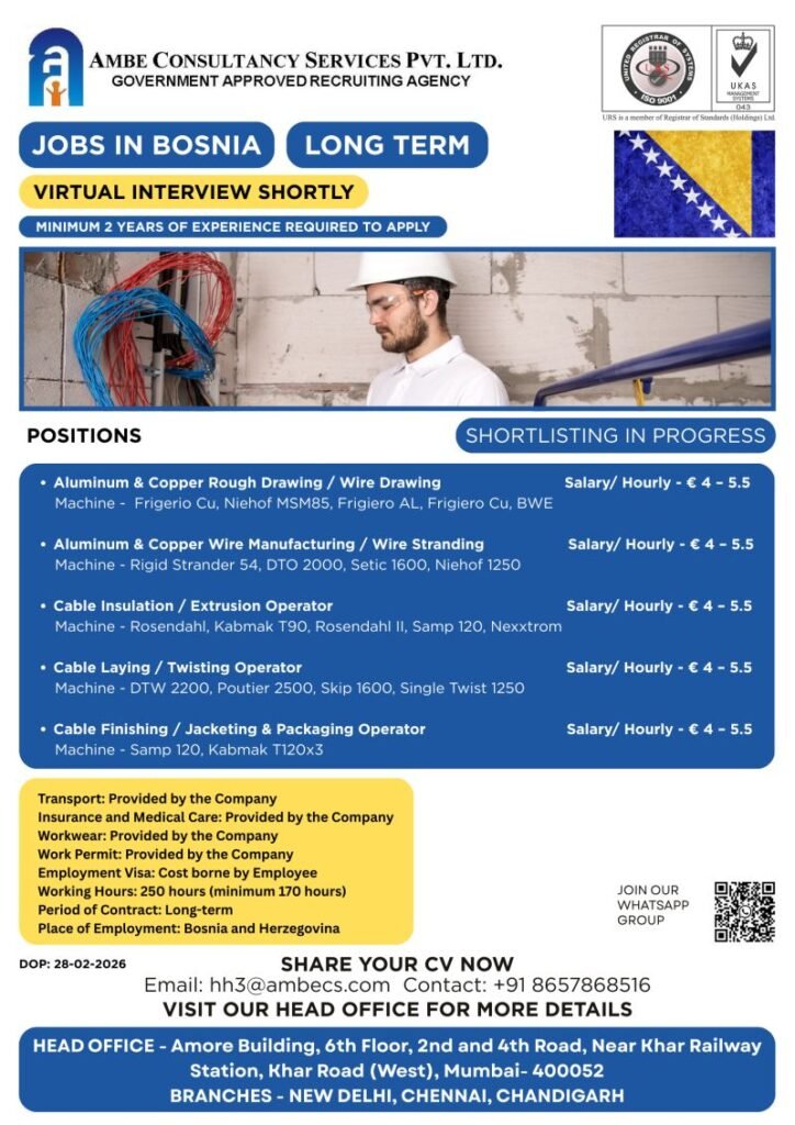Bosnia Jobs 2026 – Long-Term Cable & Wire Manufacturing Vacancies | Urgent Recruitment Bosnia Jobs 2026 – Long-Term Cable & Wire Manufacturing Vacancies | Urgent Recruitment