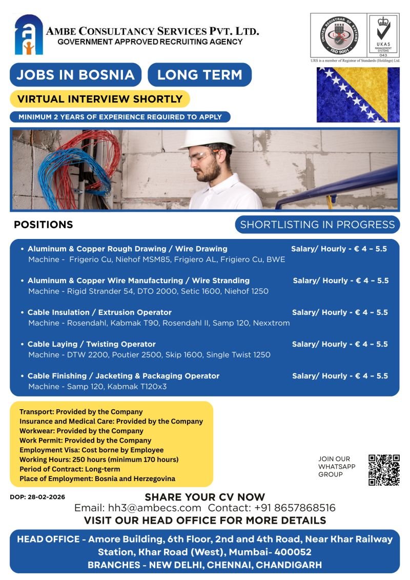 Bosnia Jobs 2026 – Long-Term Cable & Wire Manufacturing Vacancies | Urgent Recruitment