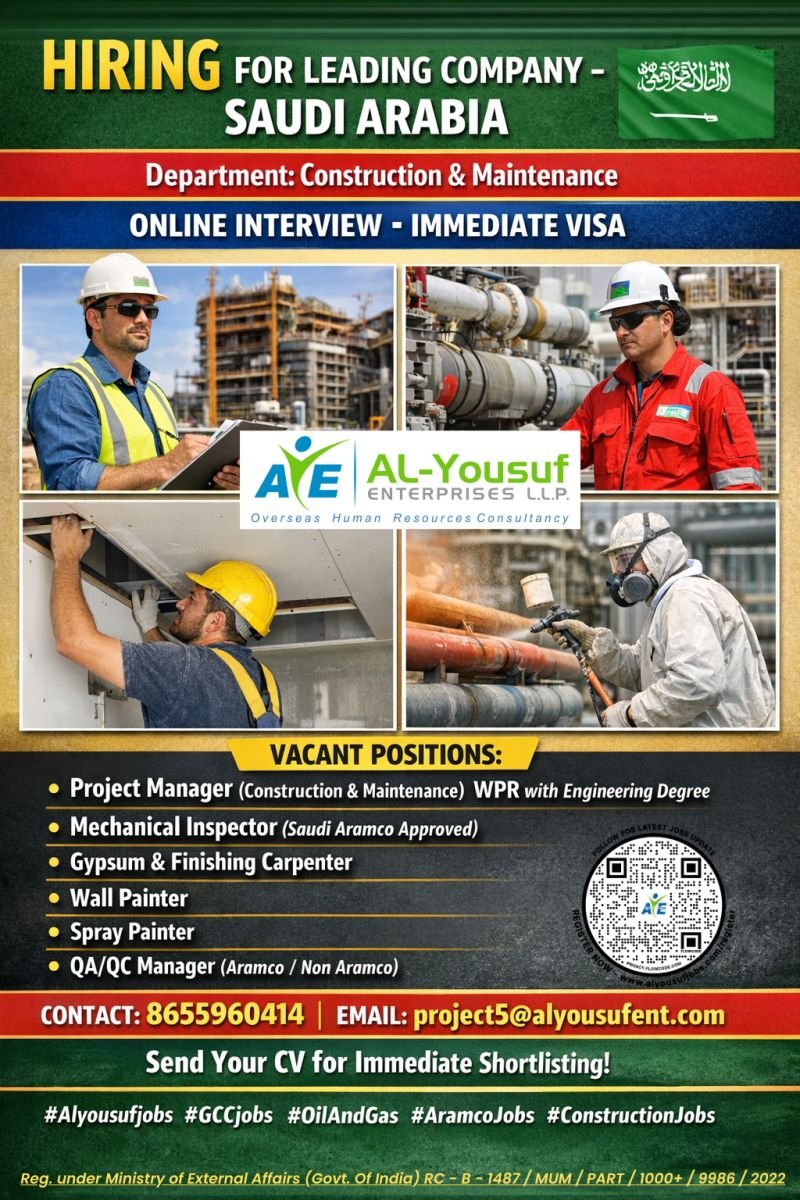 Hiring For Construction & Maintenance Company – Saudi Arabia