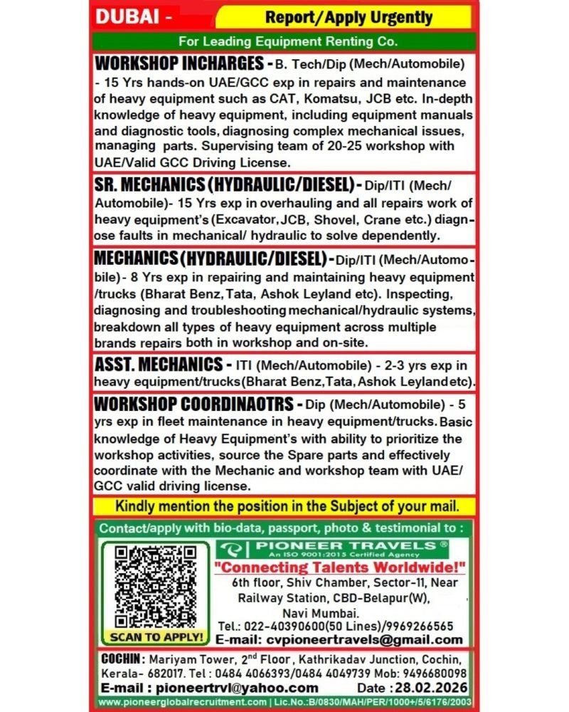 Dubai : Hiring For Leading Equipment Rental Company Dubai : Hiring For Leading Equipment Rental Company