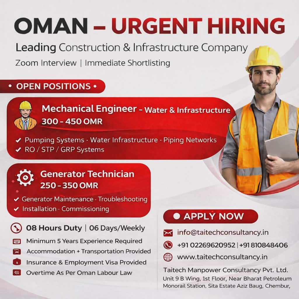 Urgent Job Openings in Oman – Leading Construction & Infrastructure Company