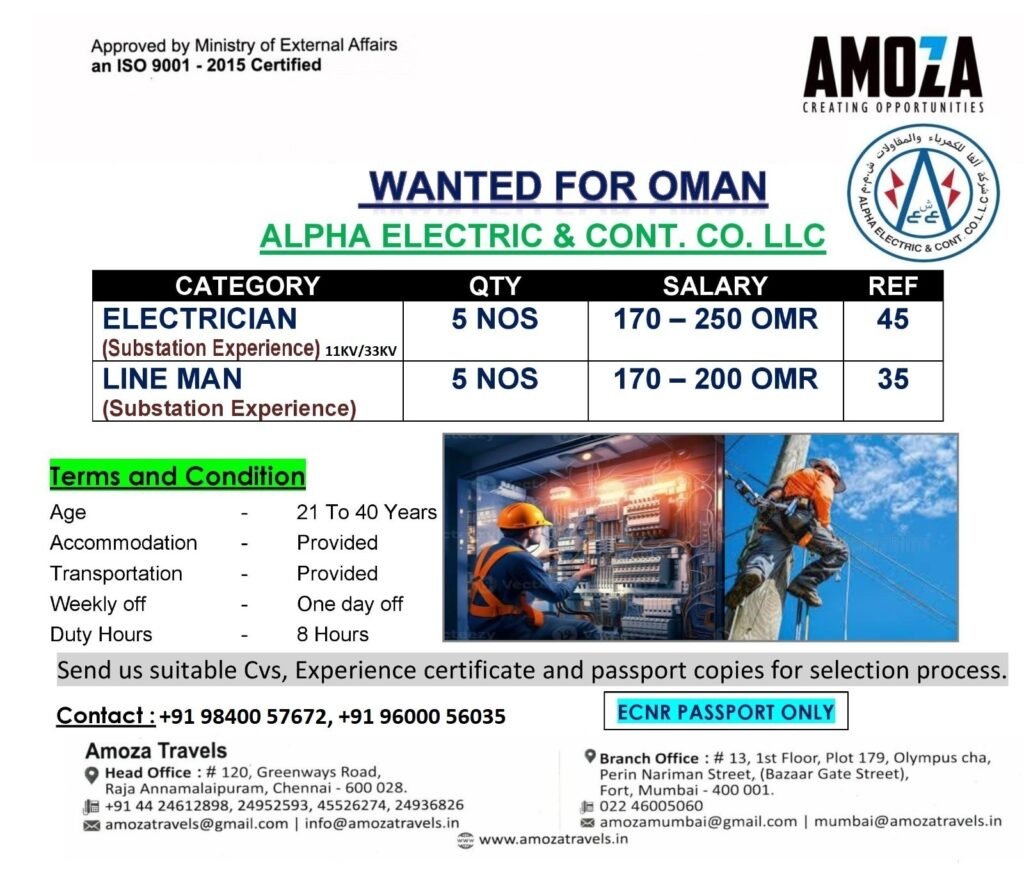 Jobs in Oman – Hiring For Alpha Electric & Cont. Co. LLC