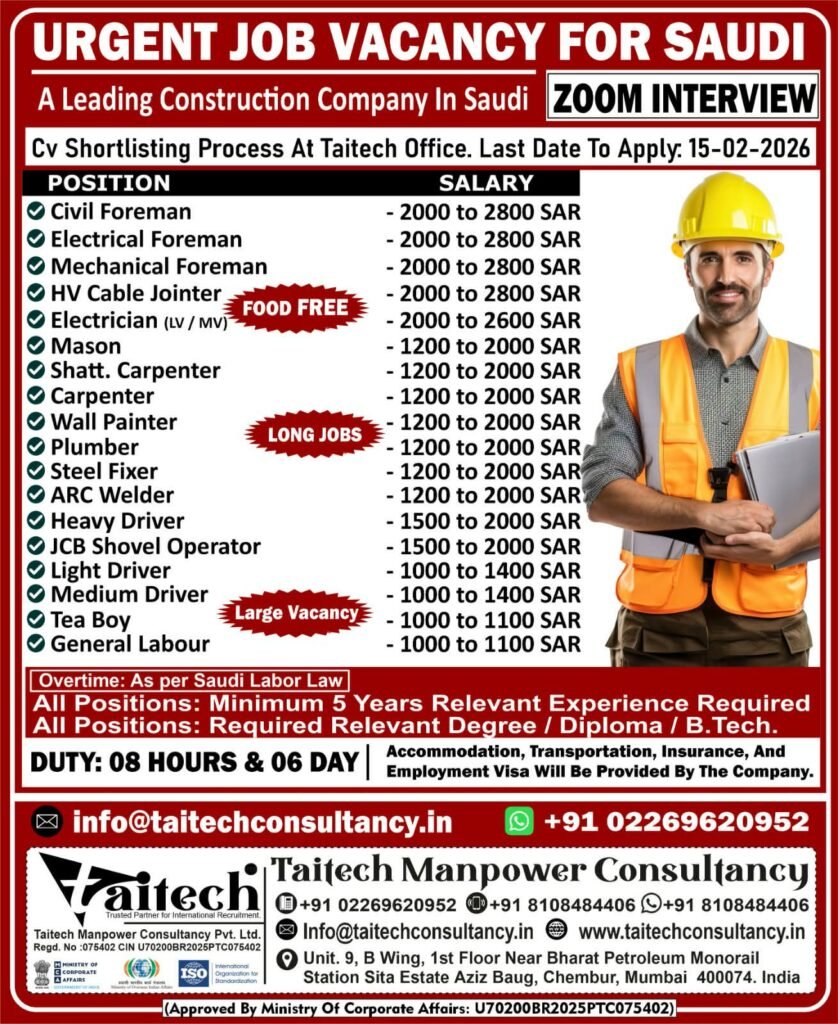 Saudi Arabia Construction Jobs 2026: Urgent Vacancy with Zoom Interview – Apply Before 15 February