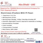Abu Dhabi UAE electrician jobs for ITI freshers with accommodation food and transport provided