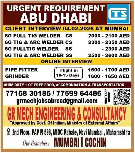 Urgent requirement for Abu Dhabi welders, pipe fitters and grinders with client interview in Mumbai