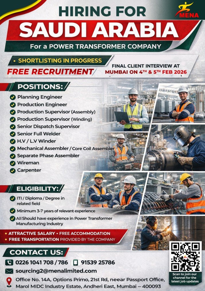 Hiring for Saudi Arabia power transformer company with free recruitment and client interview in Mumbai February 2026