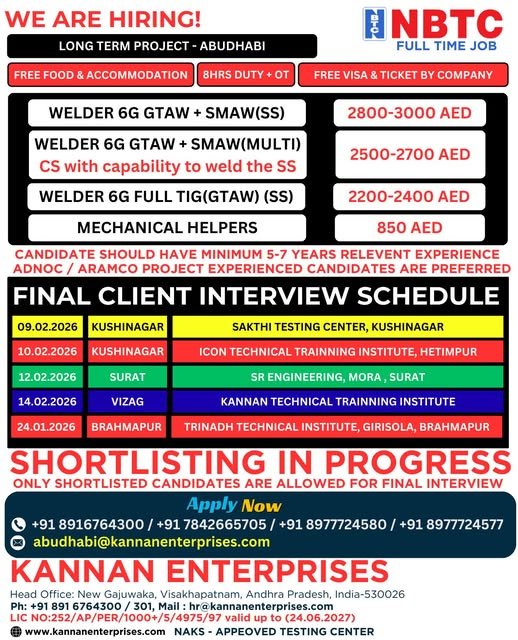 NBTC Abu Dhabi long term project jobs for welders and mechanical helpers with free visa and accommodation