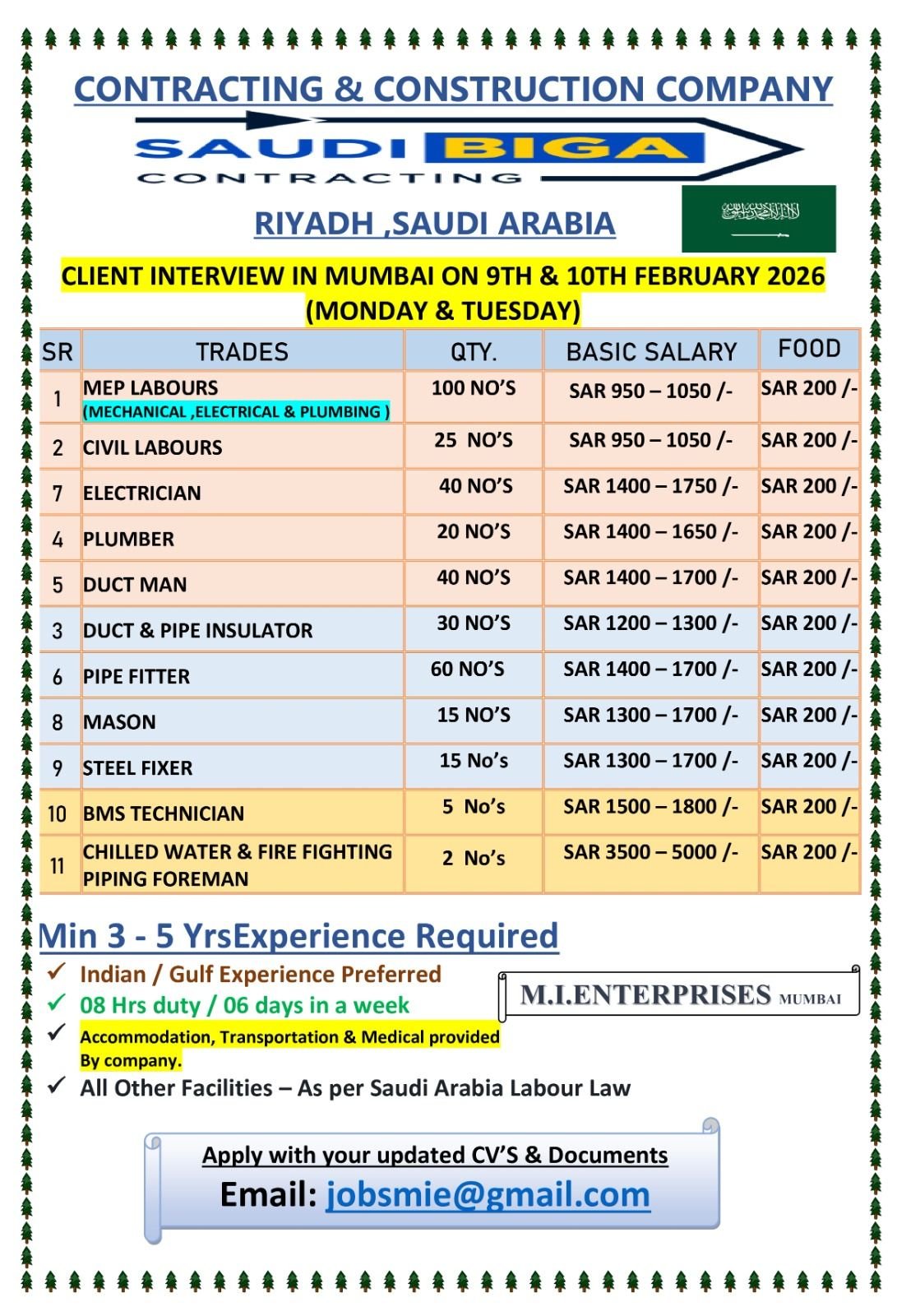 Saudi Biga Contracting Saudi Arabia jobs with client interview in Mumbai on 9th and 10th February 2026