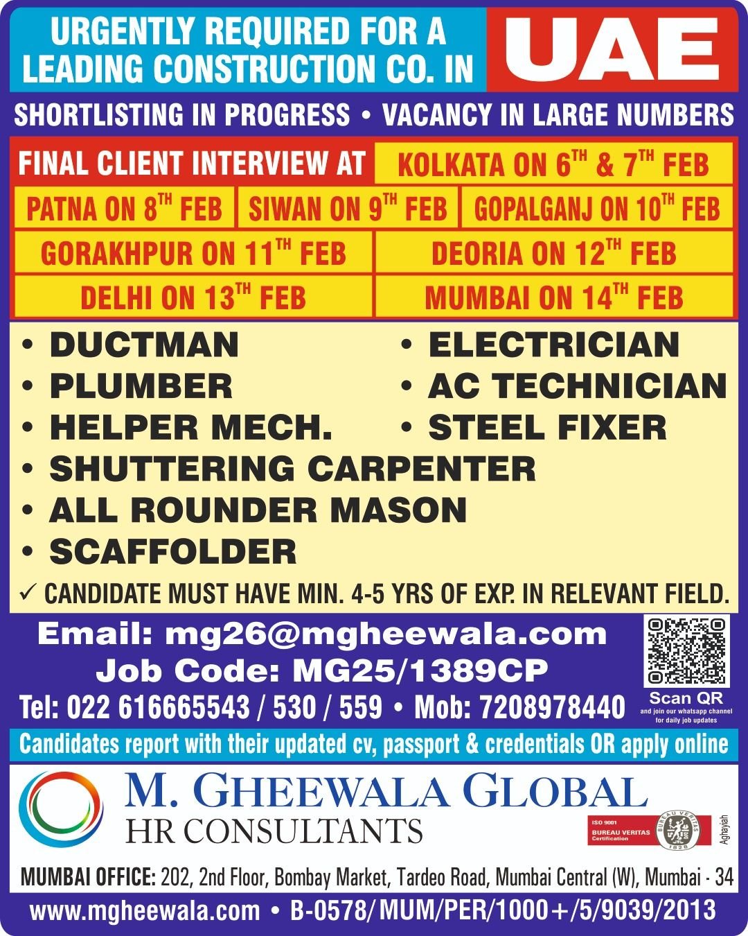 Urgent UAE Construction Jobs 2026 – Ductman, Plumber, Steel Fixer & AC Technician Vacancies