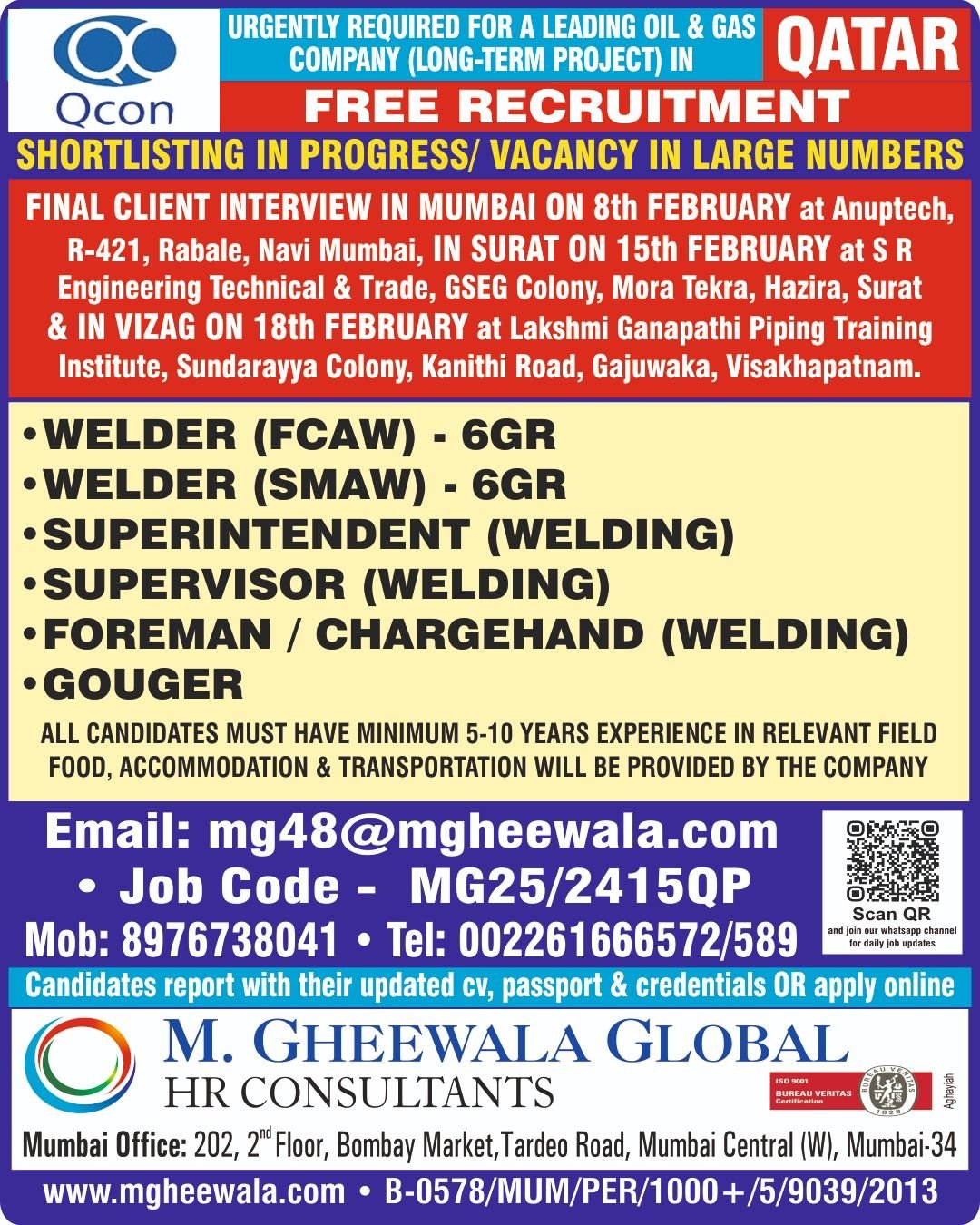 Qatar oil and gas welding jobs 2026 free recruitment with client interviews in Mumbai Surat and Vizag for FCAW and SMAW welders welding supervisors foremen and gougers through M Gheewala Global HR Consultants