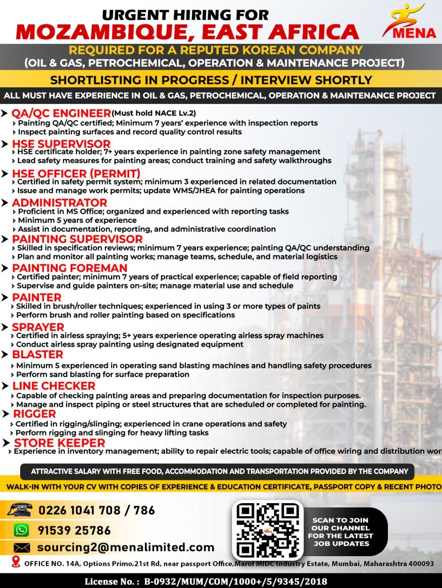 Mozambique Jobs 2026 – Urgent Hiring for Oil & Gas, Petrochemical Project | Korean Company 