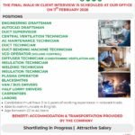 Urgent walk-in interview notification for engineering and technical jobs in Kuwait by Agha Caravan International scheduled on 11 February 2026, listing HVAC, drafting, welding, driving, and construction vacancies.