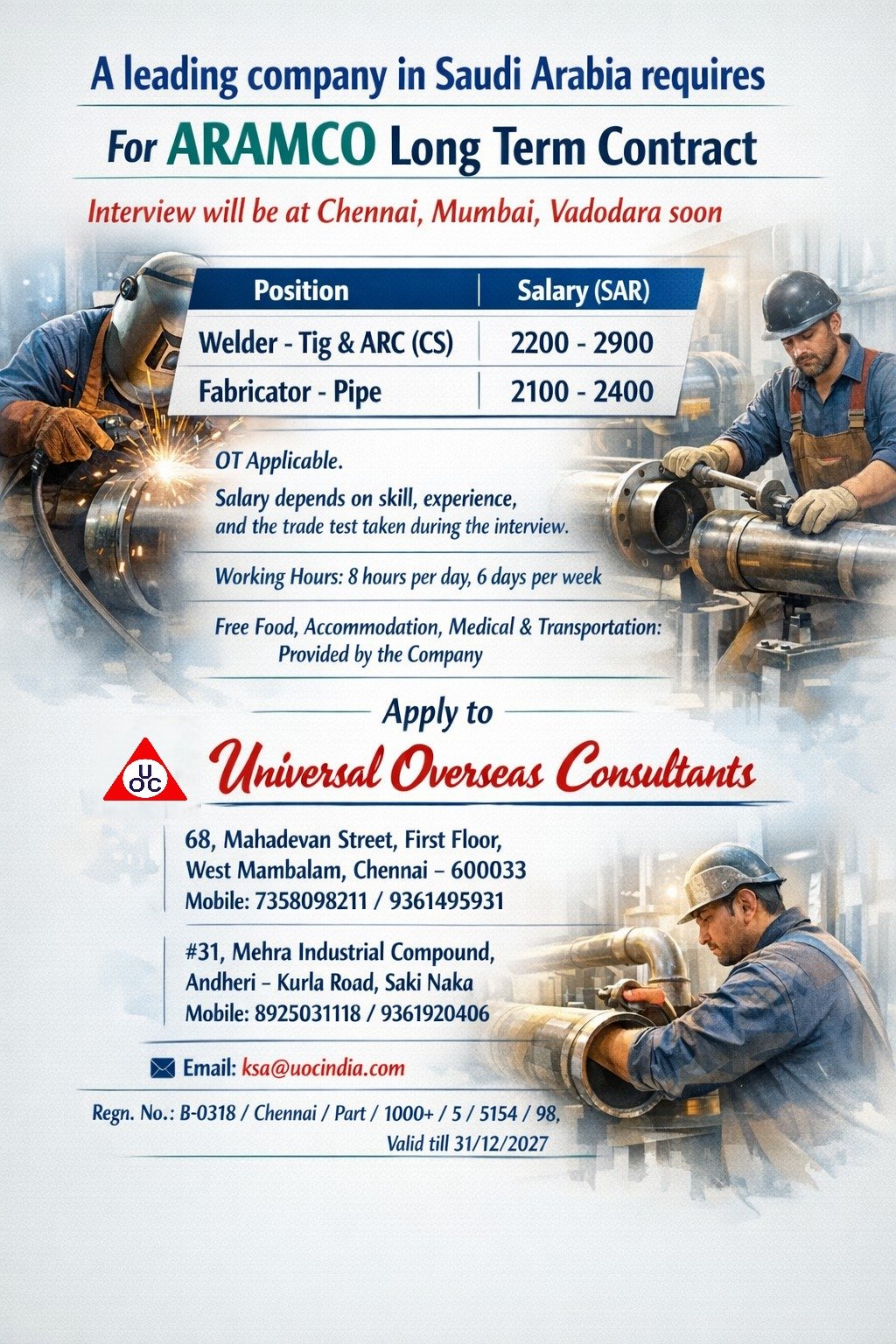 Hiring skilled professionals for ARAMCO Saudi Arabia - Long Term Contract.