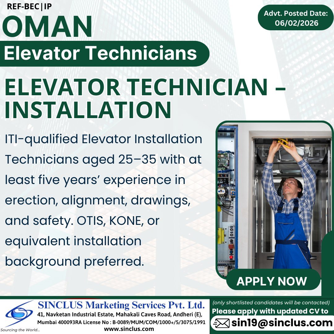 Hiring Elevator Technicians for Oman - Apply Now