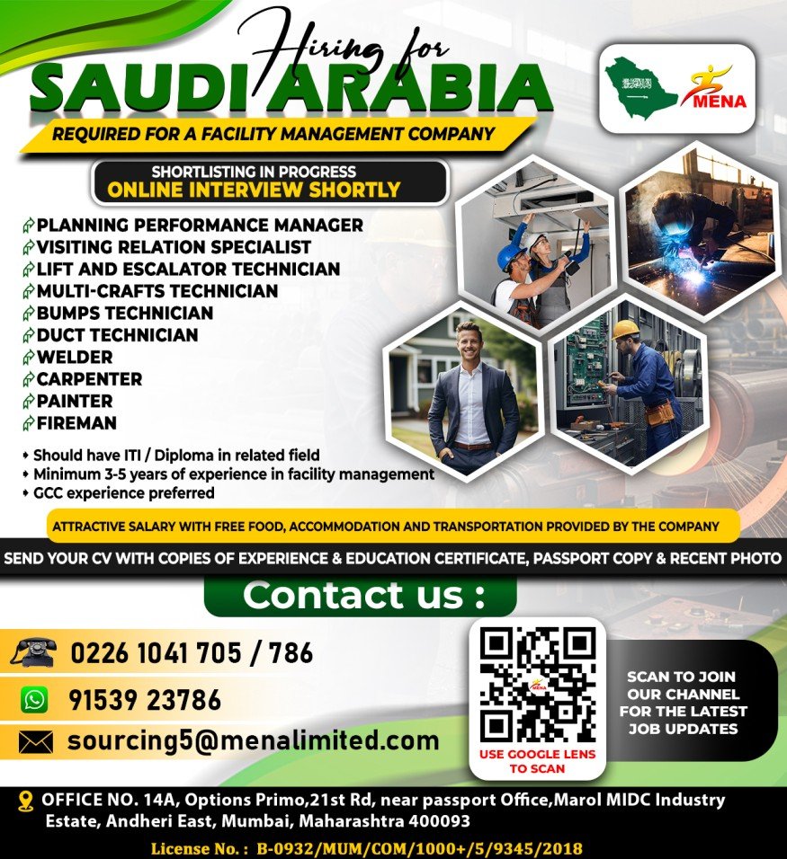 Saudi Arabia : Recruitment For A reputed Facility Management Company