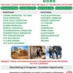 Urgent recruitment advertisement for construction jobs in Abu Dhabi showing client interview dates in Punjab, Patna, Vizag, and Cochin with vacancies for crane operators, drivers, masons, carpenters, and scaffolders by Agha Caravan International.