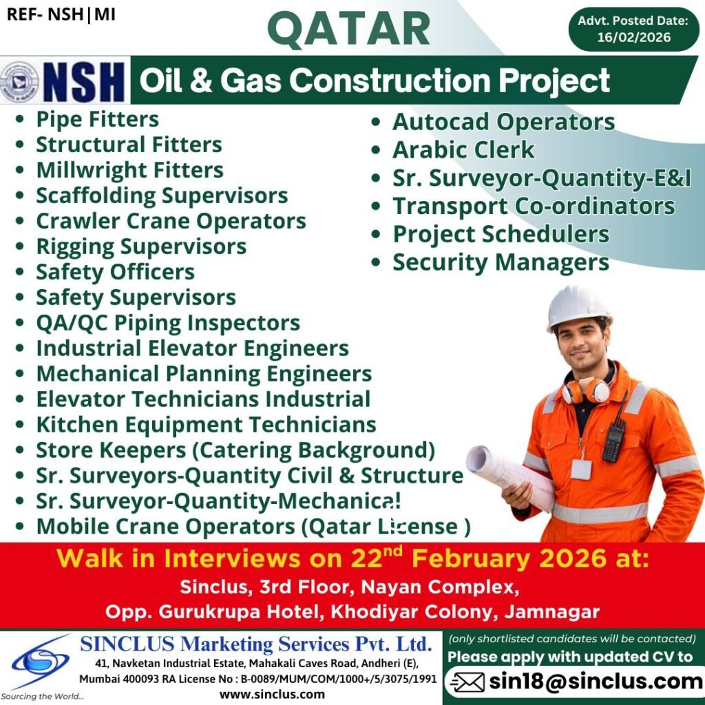 Hiring For NSH Oil & Gas Construction Project in Qatar & Saudi Arabia Hiring For NSH Oil & Gas Construction Project in Qatar & Saudi Arabia