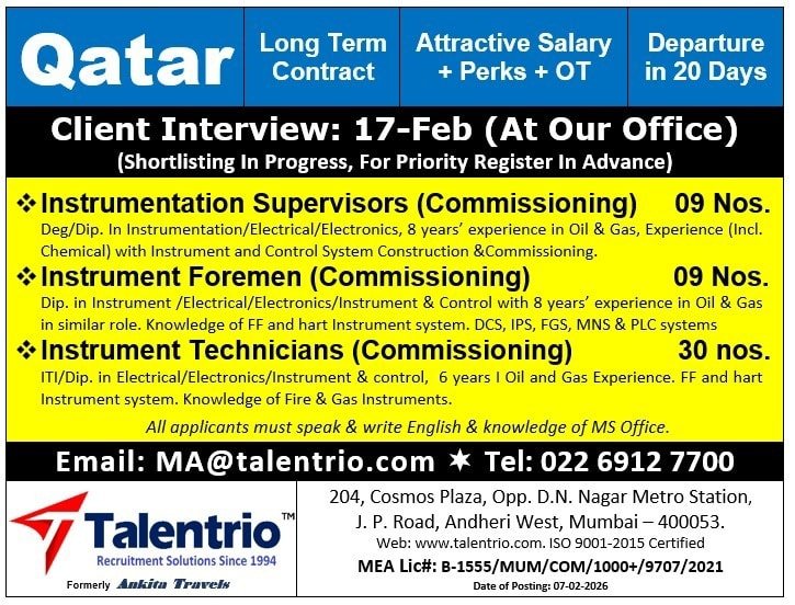 Long-Term Qatar Instrumentation & Commissioning Jobs 2026 – Oil & Gas Sector (Client Interview 17 Feb at Mumbai Office)