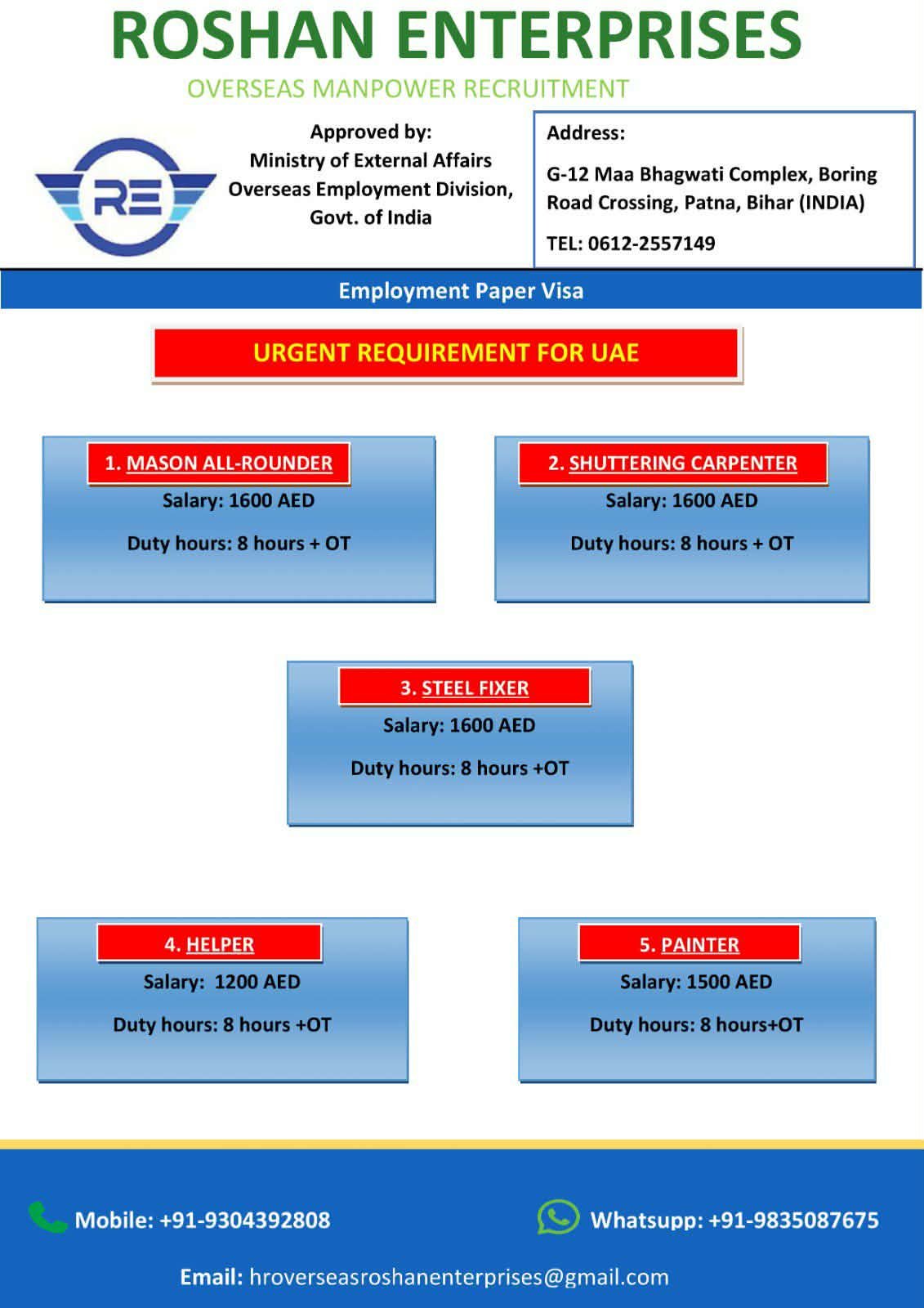 Urgent UAE Jobs 2026 – Mason, Shuttering Carpenter, Steel Fixer, Painter & Helper | Employment Visa