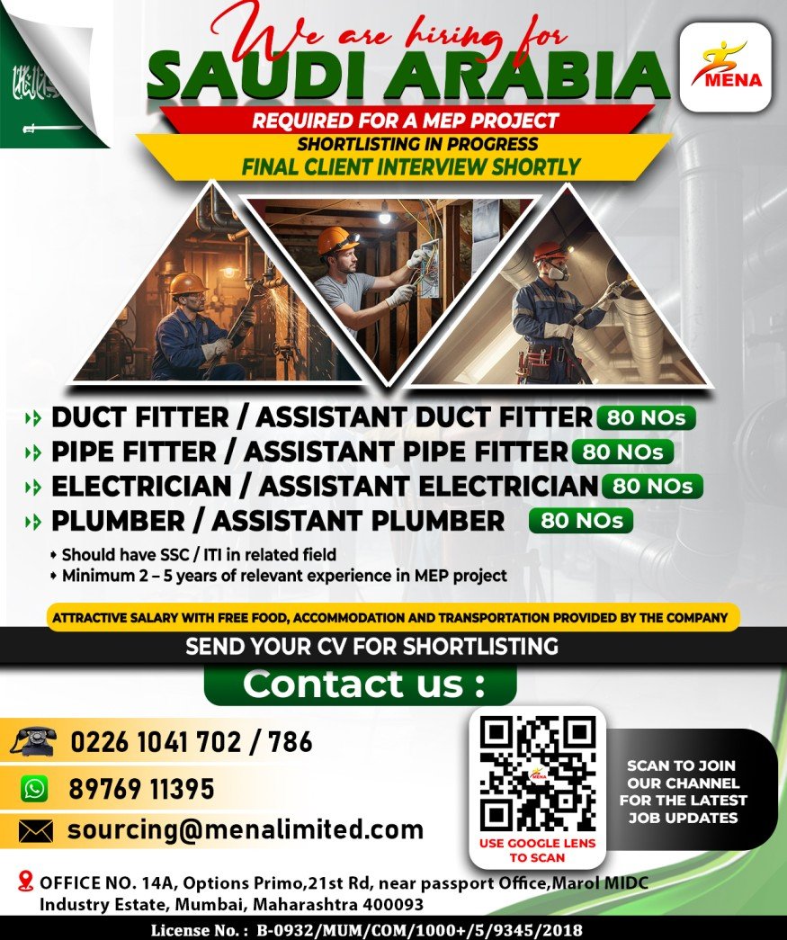 Urgent Saudi Arabia MEP Jobs 2026 – Apply Today