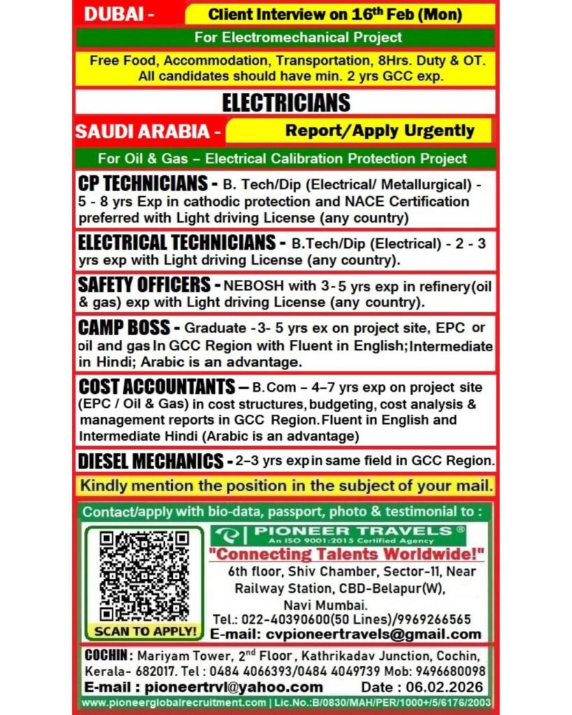 Jobs in Dubai & Saudi Arabia : Hiring For a Reputed Oil & Gas and Electromechanical Company.