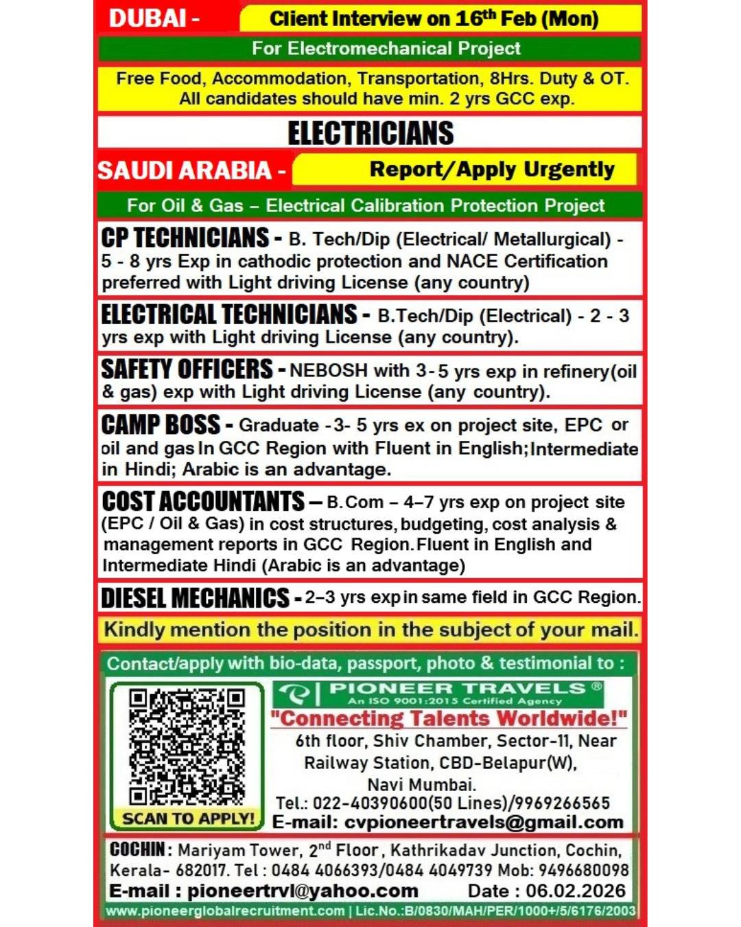 Jobs in Dubai & Saudi Arabia : Hiring For a Reputed Oil & Gas and Electromechanical Company.