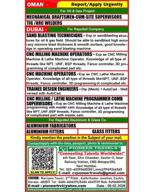 Oman & Dubai Jobs 2026 : Hiring For the Oil & Gas Project and Aluminium & Glass Company.