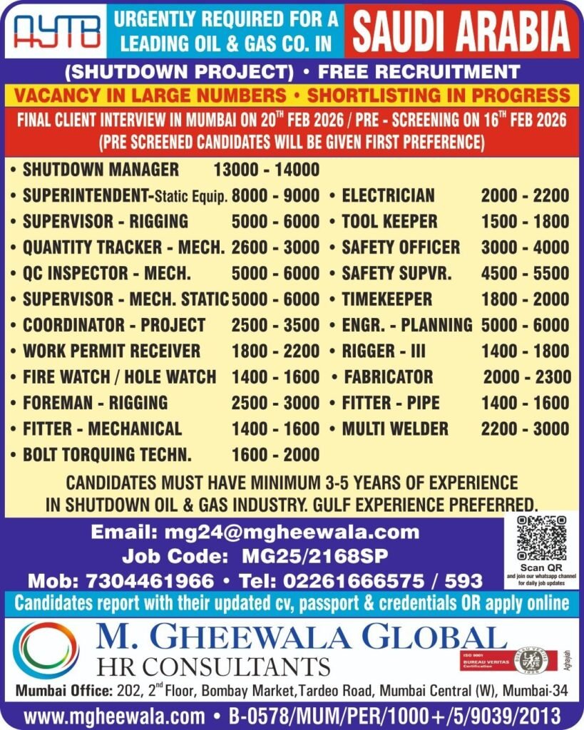Saudi Arabia AYTB Oil and Gas Shutdown Jobs 2026: Large Vacancies with Free Recruitment