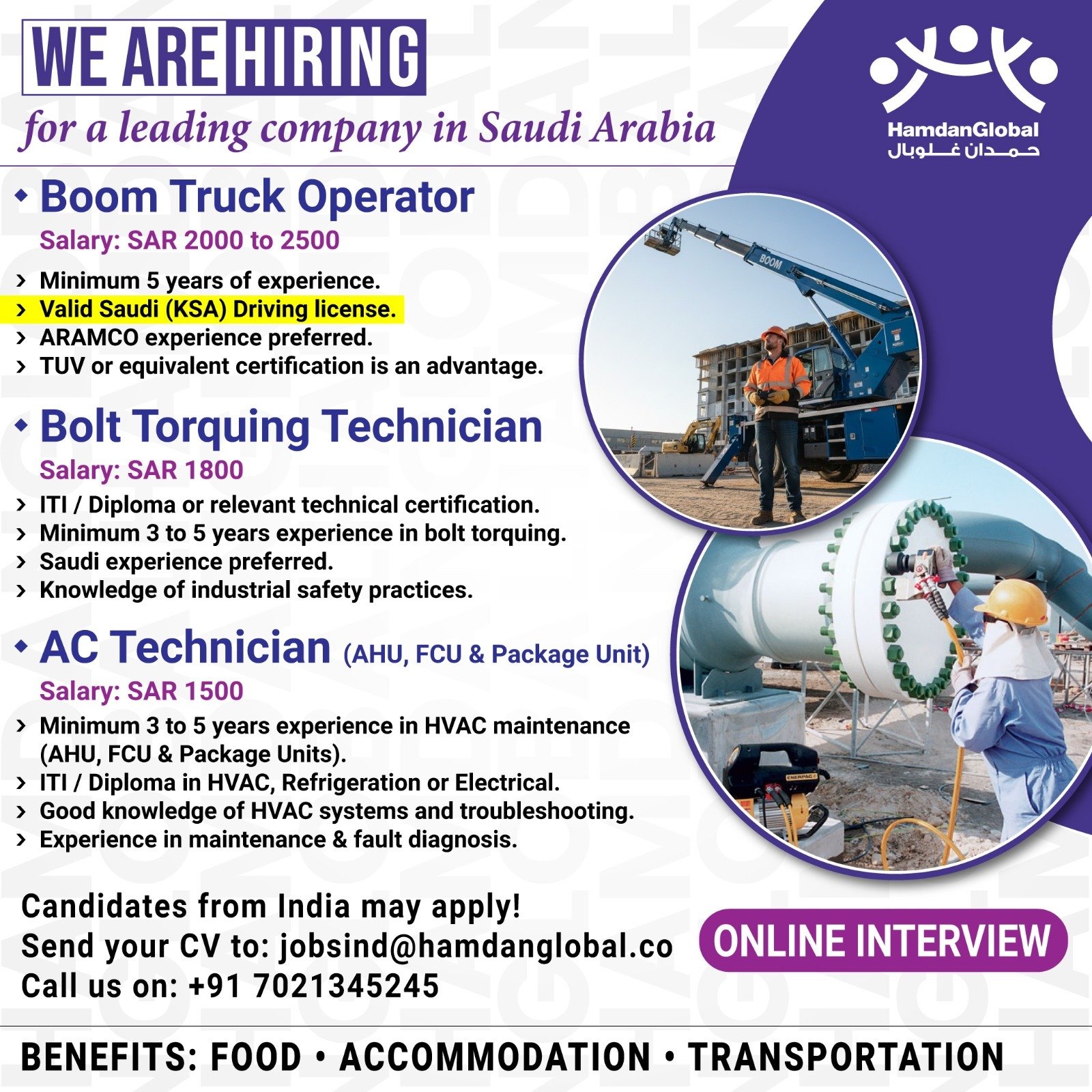 hiring for a leading company in Saudi Arabia - Online Interview