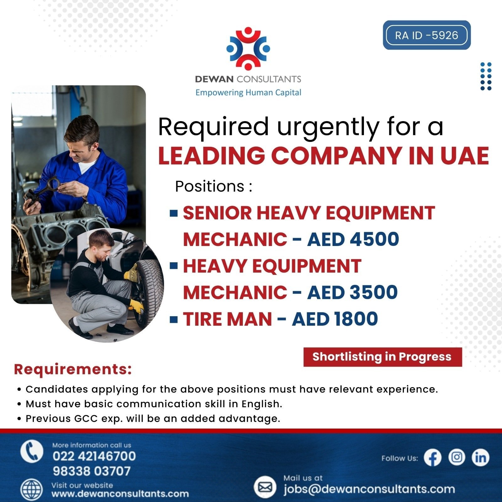 Hiring urgently for a Leading Company in UAE