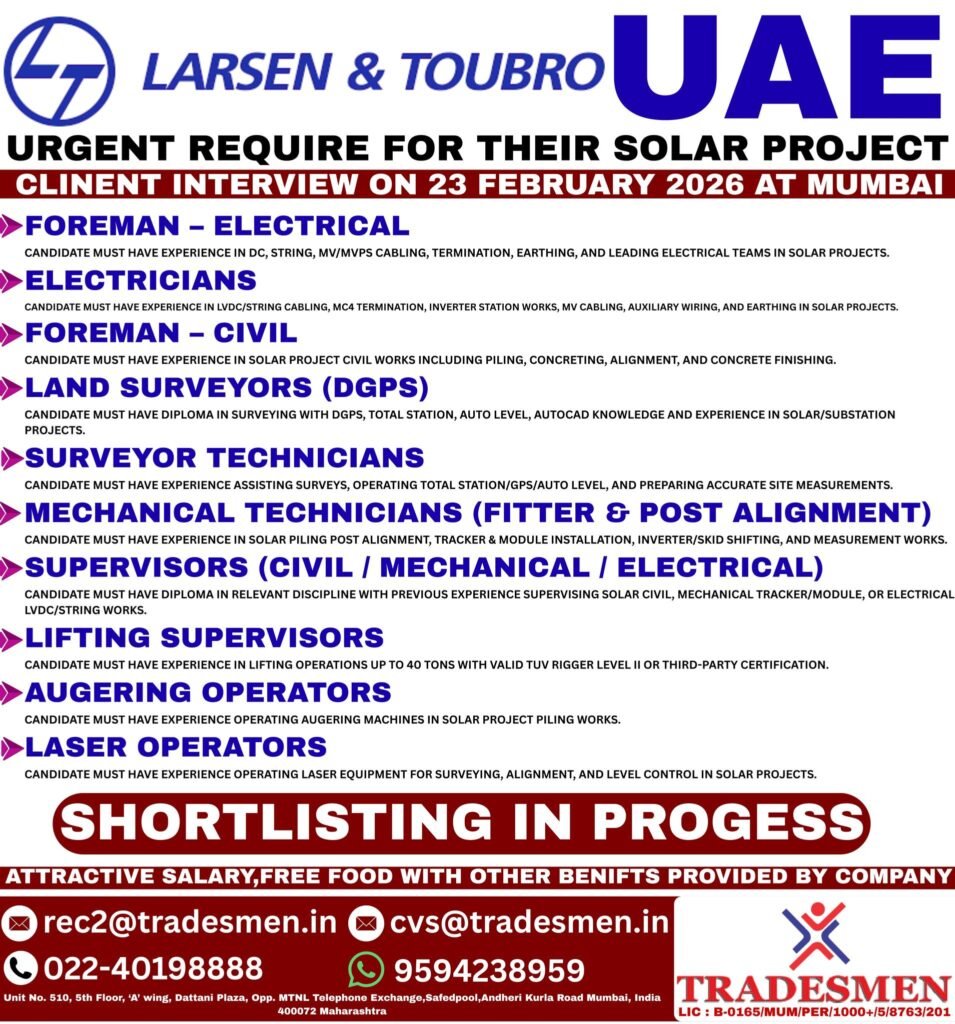 Larsen & Toubro (L&T) UAE Solar Project Jobs - Apply Now