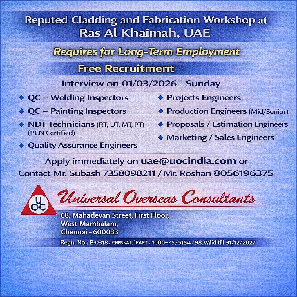Cladding & Fabrication Workshop Jobs in Ras Al Khaimah, UAE – Free Recruitment | Long-Term Employment 2026