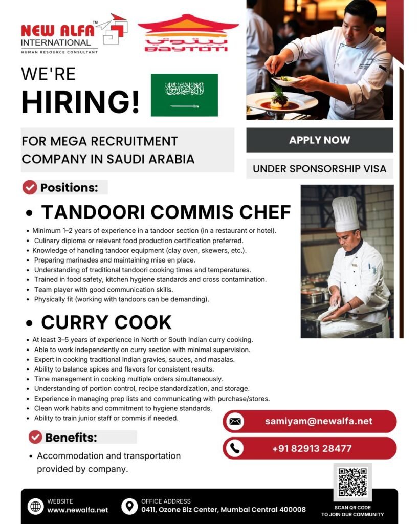 hiring skilled culinary professionals for a reputed company in Saudi Arabia.