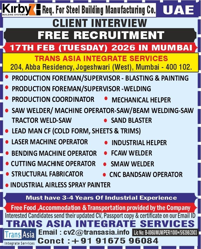 Kirby Building Systems UAE Jobs– Free Recruitment Interview in Mumbai (17th Feb 2026)