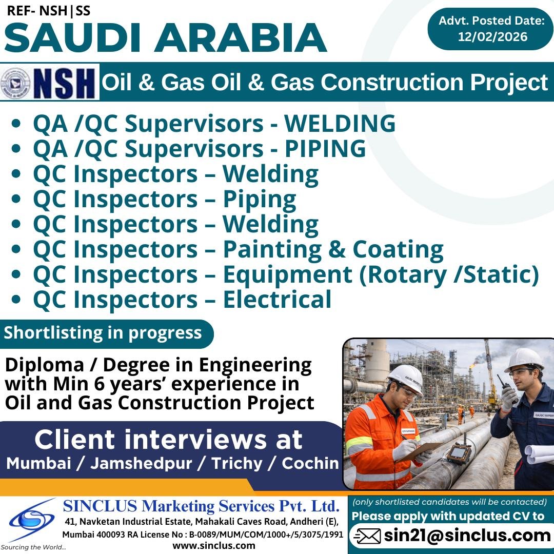Oil & Gas Jobs in Saudi Arabia – QA/QC Supervisors & QC Inspectors Required for NSH Construction Project