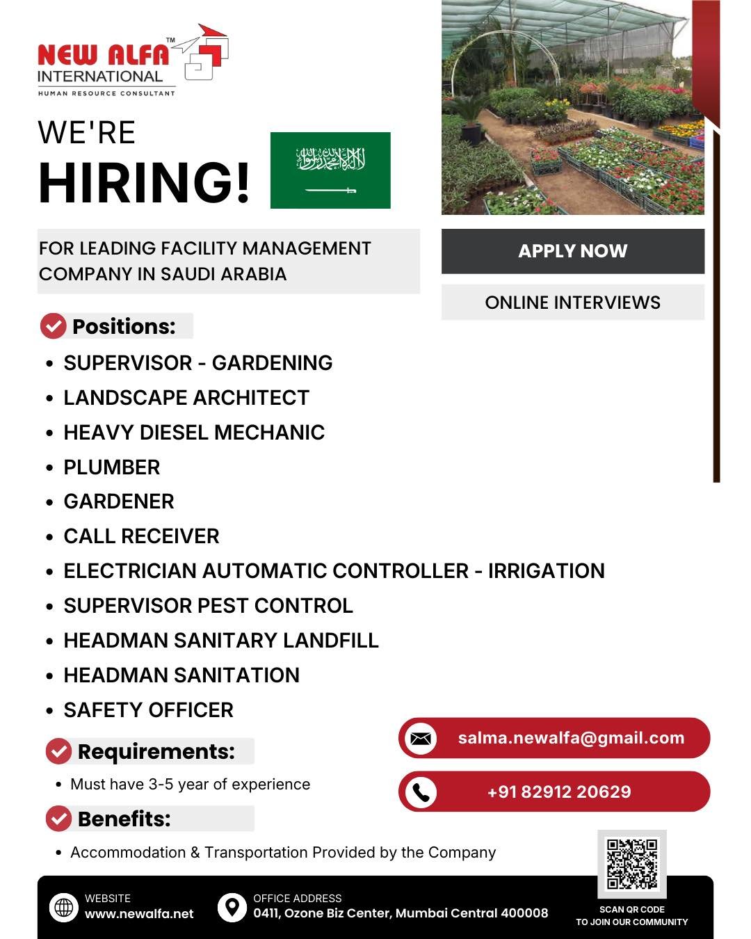 Urgently recruiting for a Leading Facility Management Company in Saudi Arabia.