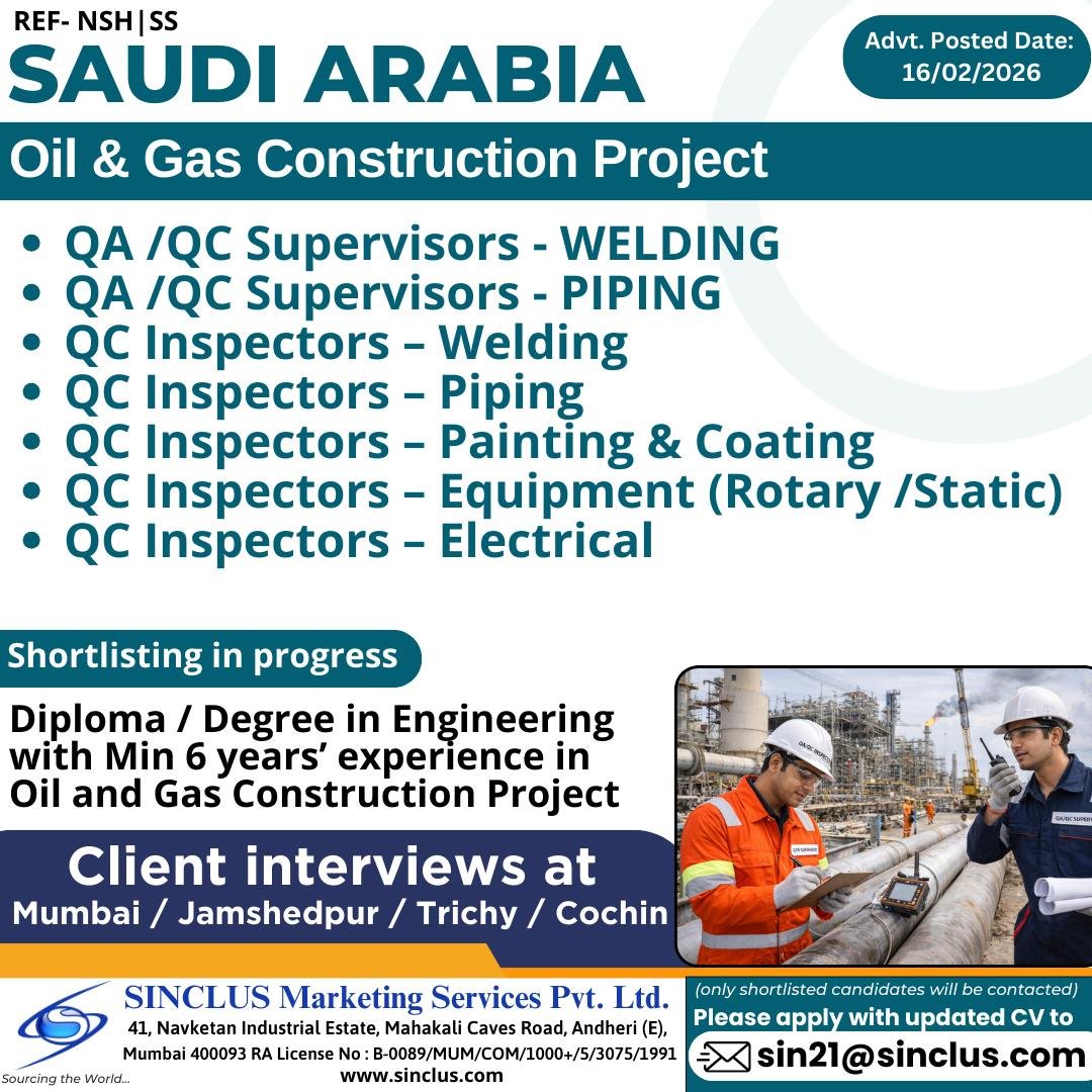 Saudi Arabia Oil & Gas Construction Jobs 2026 | Client Interviews in India