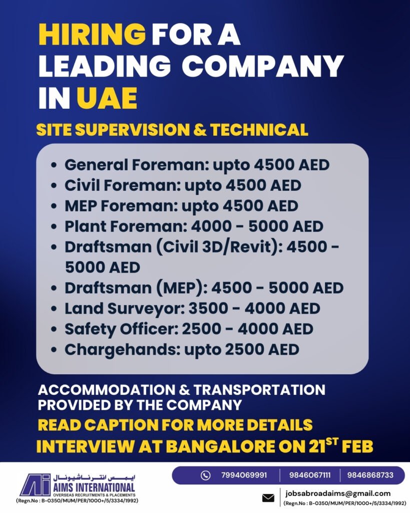 Hiring for a Leading Company in UAE | Site Supervision & Technical Jobs 