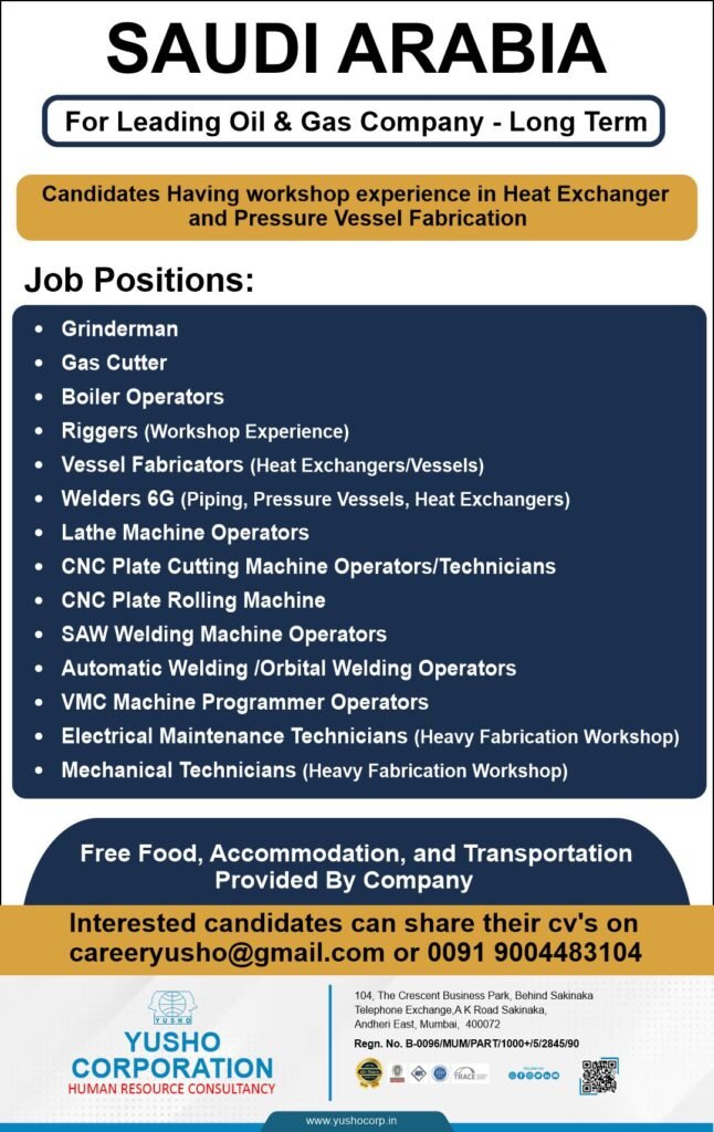 Saudi Arabia Oil & Gas Jobs 2026 – Heat Exchanger & Pressure Vessel Fabrication | Long-Term Project