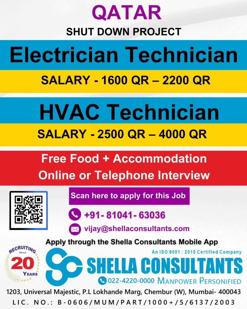 Qatar Shutdown Project Jobs: Electrician Technician & HVAC Technician Vacancies – Attractive Salaries + Free Food & Accommodation