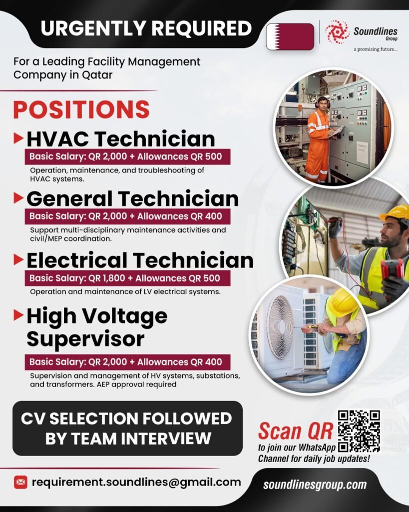 Hiring Urgent For a Leading Facility Management Company in Qatar