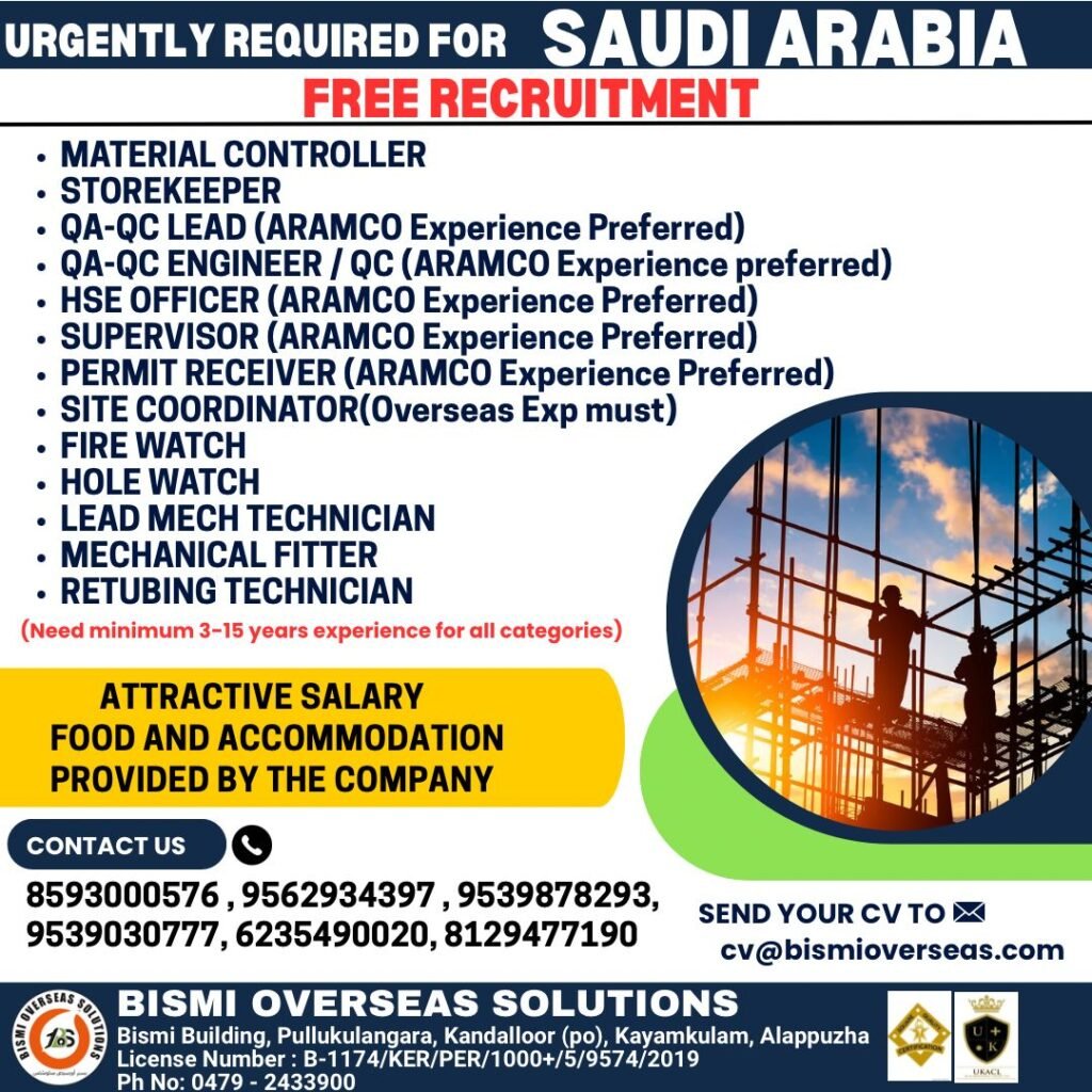 Saudi Arabia Jobs 2026 – ARAMCO Project Vacancies | Free Recruitment | Attractive Salary