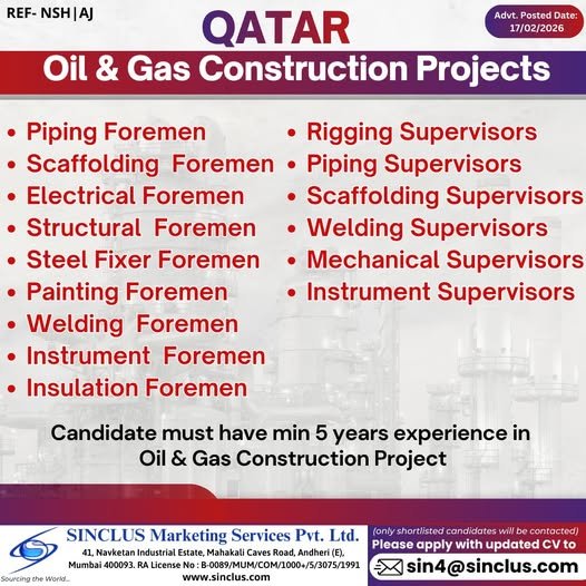 Qatar : Hiring for Oil & Gas Construction Projects - Apply Now