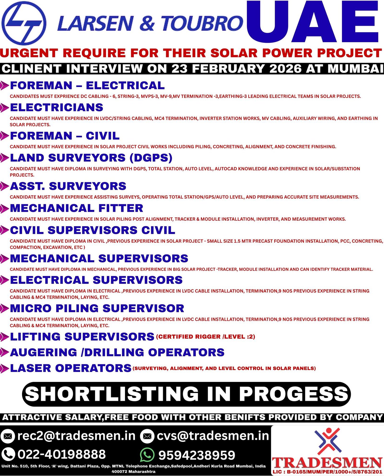 Larsen & Toubro UAE Jobs 2026 – Solar Power Project | Client Interview in Mumbai (23 February 2026)